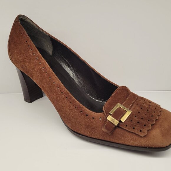 Stuart Weitzman Brown Suede Buckle Heels – Size 8 - Picture 3 of 10